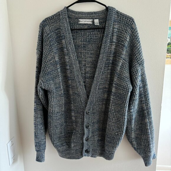 Vintage 80s Heather Blue and Gray Mens Cardigan - Picture 1 of 4